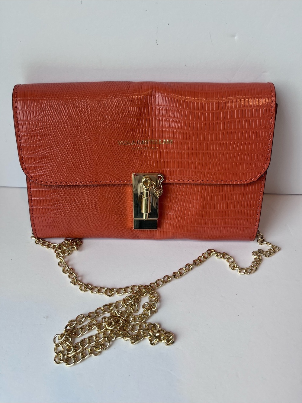 Viola Castellani Italy Leather Croc Embossed Orange Crossbody Gold Chain Clutch